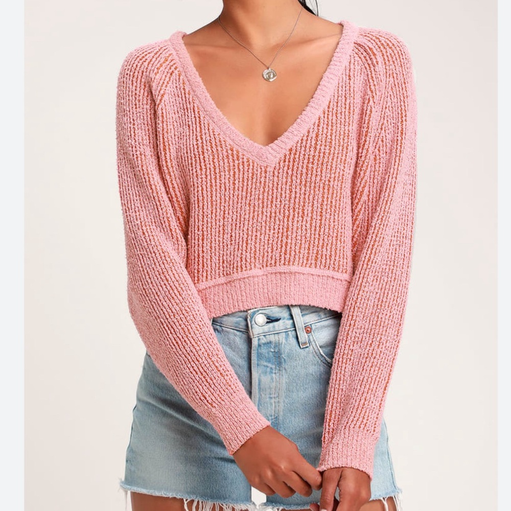 Free People High Low V Pink and Orange Sweater Top Textured Size Small